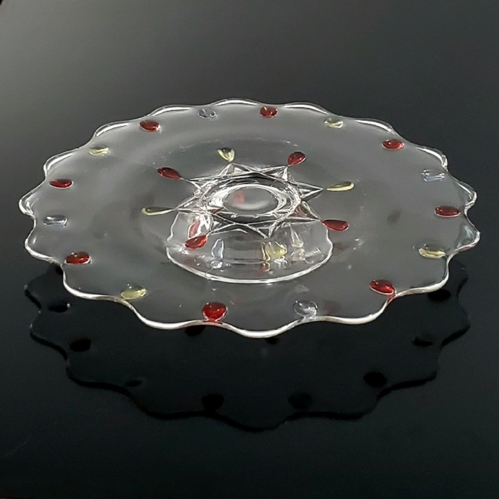 13 3/4" "Tear Drop" Multi Color & Clear Glass Footed Cake Plate by Indiana Glass